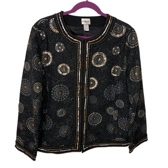 Chicos Embroidered Jacket Size 2 US L 12 Black Embroidered Metallic Sequin Beads - Picture 2 of 11